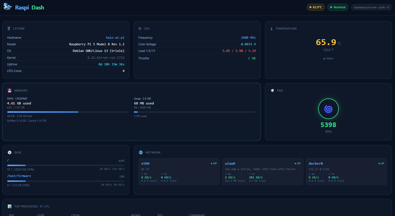 RaspiDash live system dashboard showing Raspberry Pi 5 metrics including CPU usage, temperature, memory, disk, network, GPIO pins and more